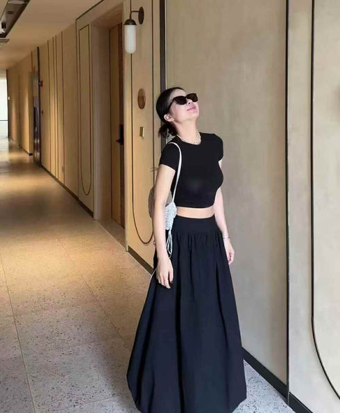 Spring Crop T-Shirts With Cargo Bubble Long Skirts Sets
